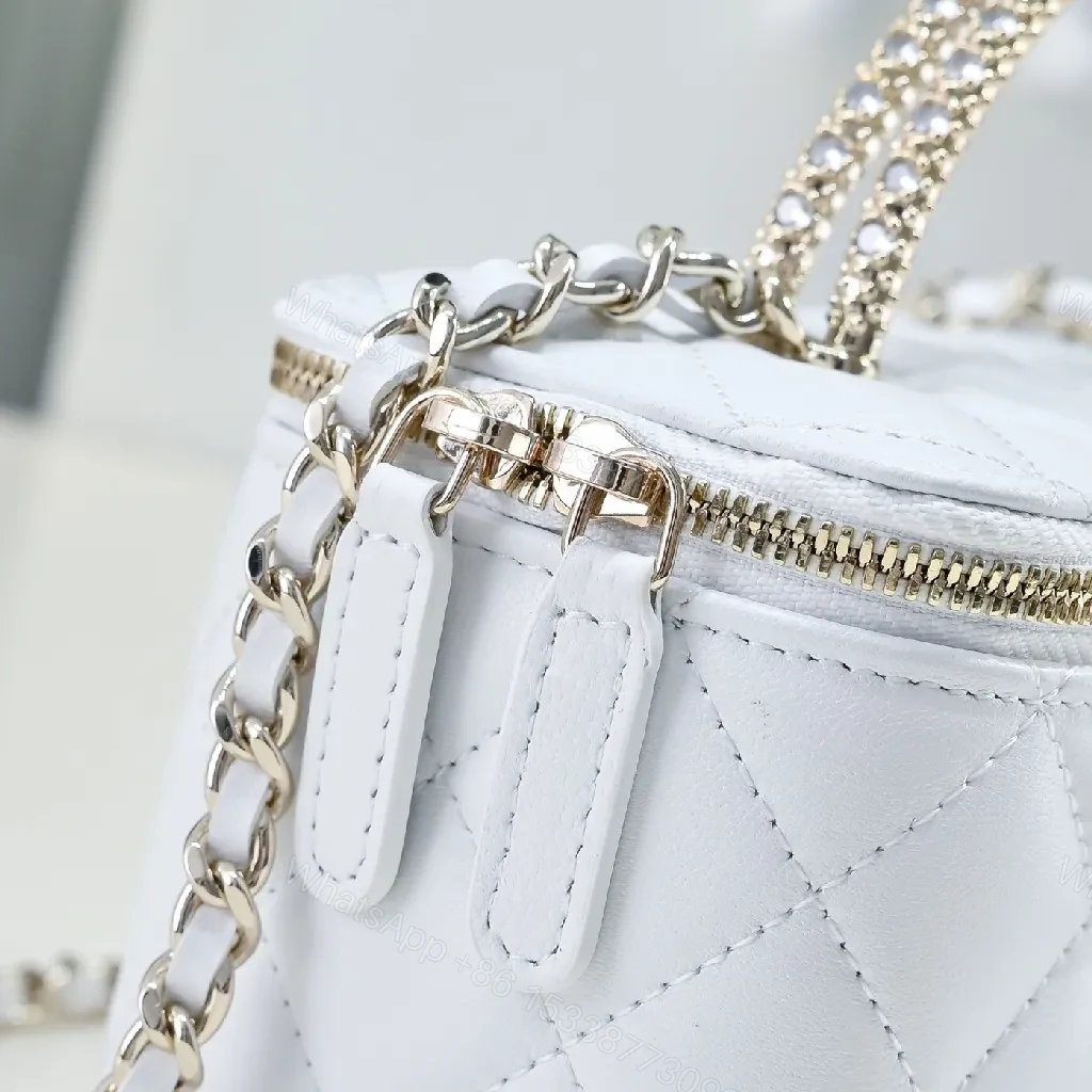 View 7 of Compact White Quilted Crossbody with Silver Chain Emblem