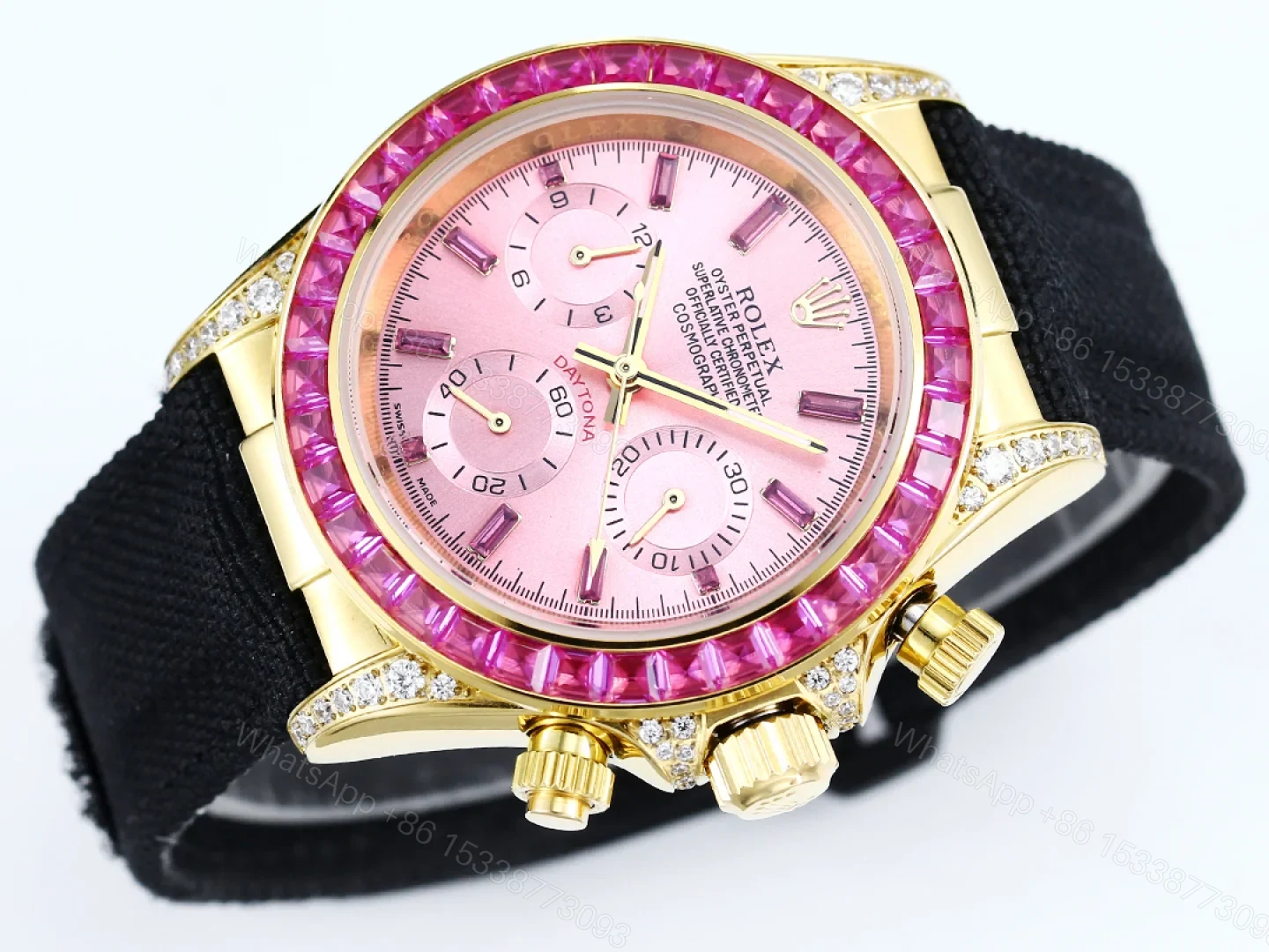View 5 of Rolex Daytona Pink Ruby Black Strap Replica 43MM Exclusive Gold Case Edition RG-ROLEX-DAYTONA-PINK-RUBY-BLACK-43