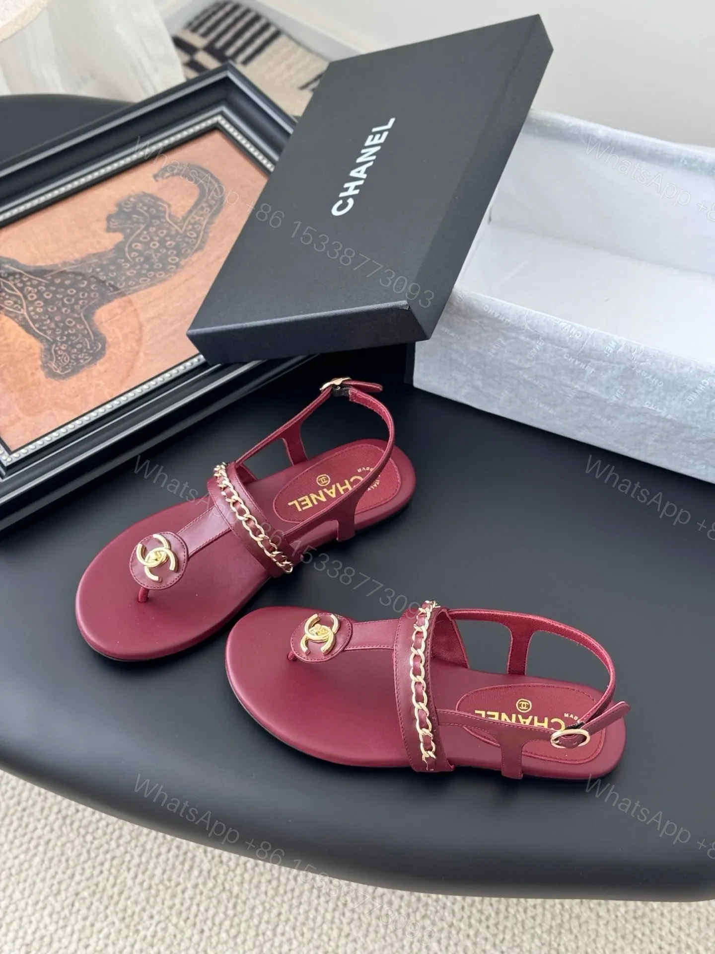 View 2 of Chanel Women Burgundy Leather Sandals