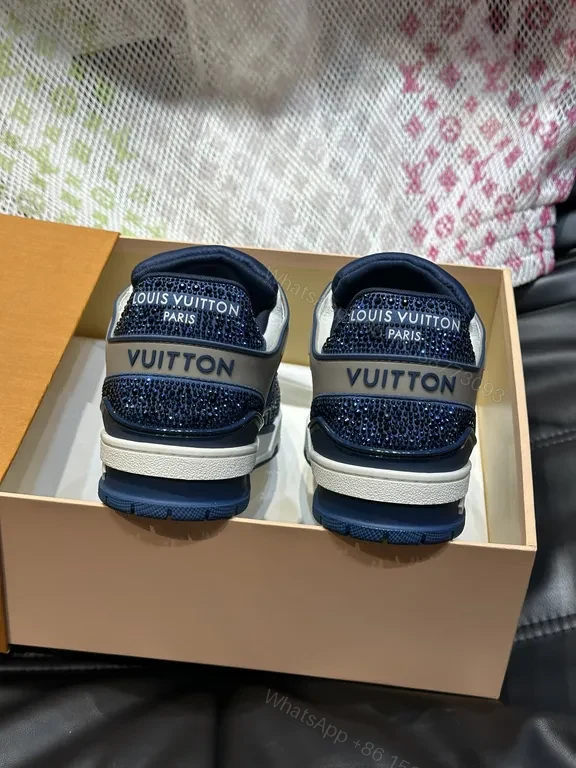 View 2 of White Leather Low-Top Sneakers with Navy LV Accent Brand-Logo