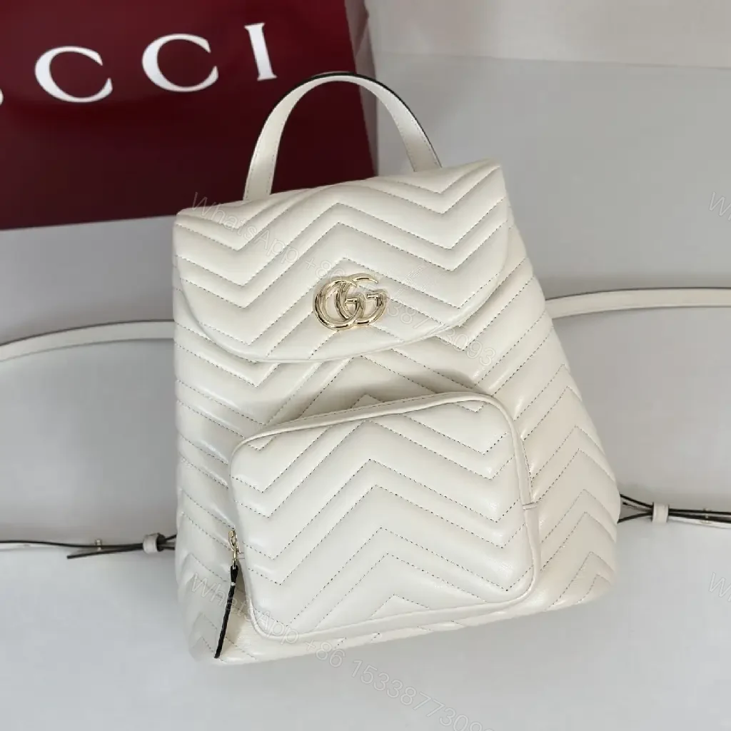 View 10 of Off-White Cream Quilted Chevron Backback with Gold Logo Flap