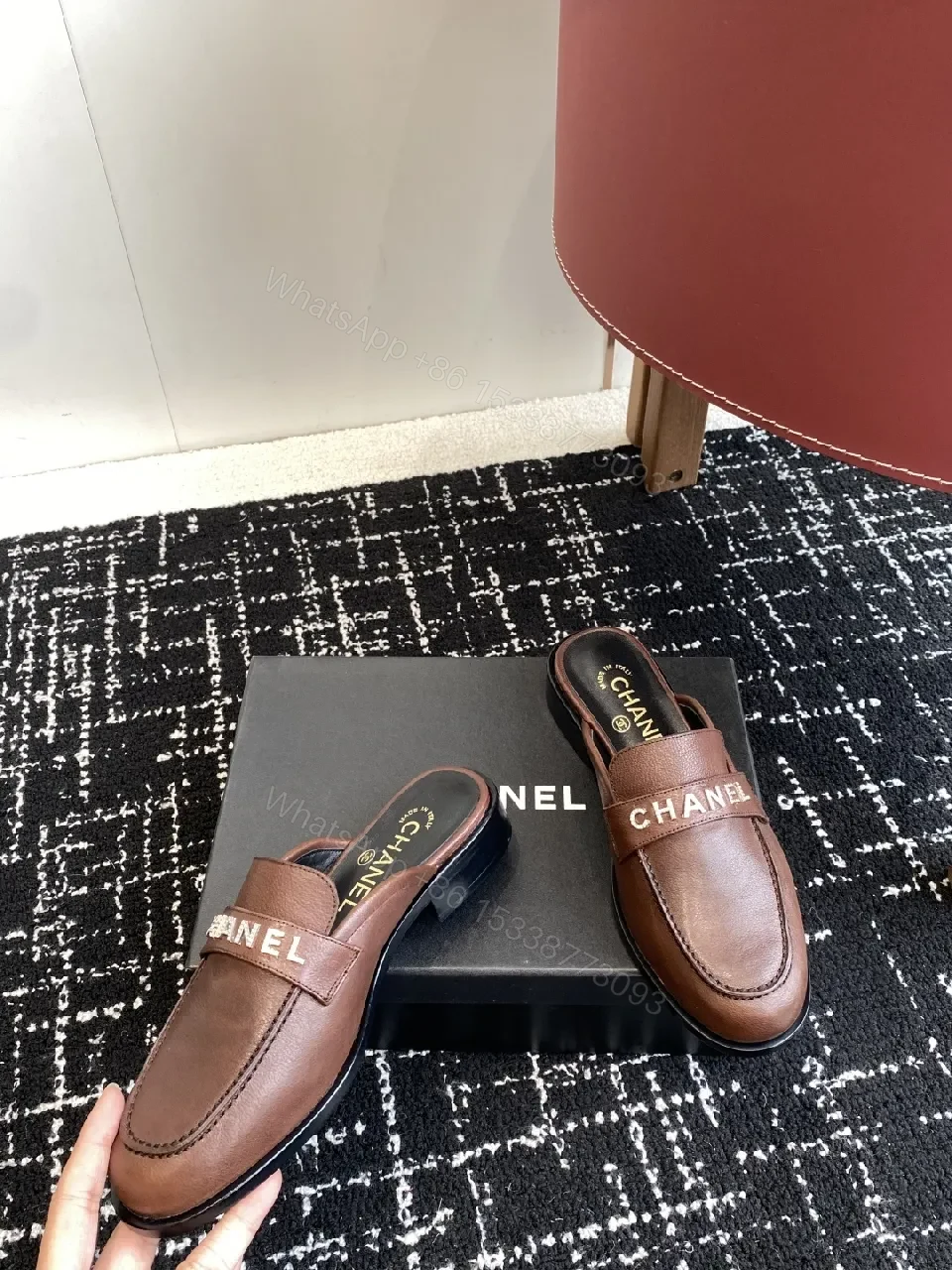 View 3 of Brown Leather Slides Luxury Open-Back with Logo Strap