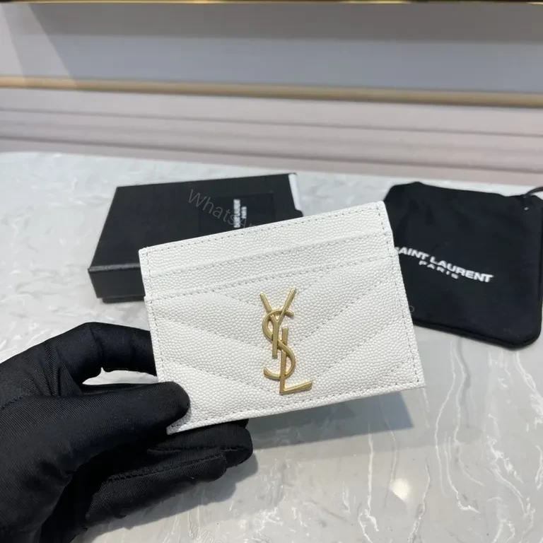 View 2 of White Textured Leather Cardholder with Gold YSL Emblem
