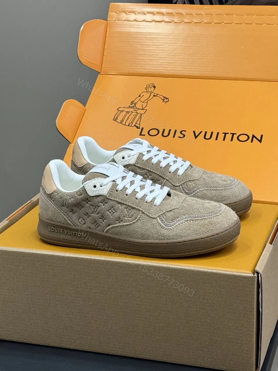 View 6 of Low-Top Luxe Sneaker: Taupe Suede, Monogram Textured Comfort