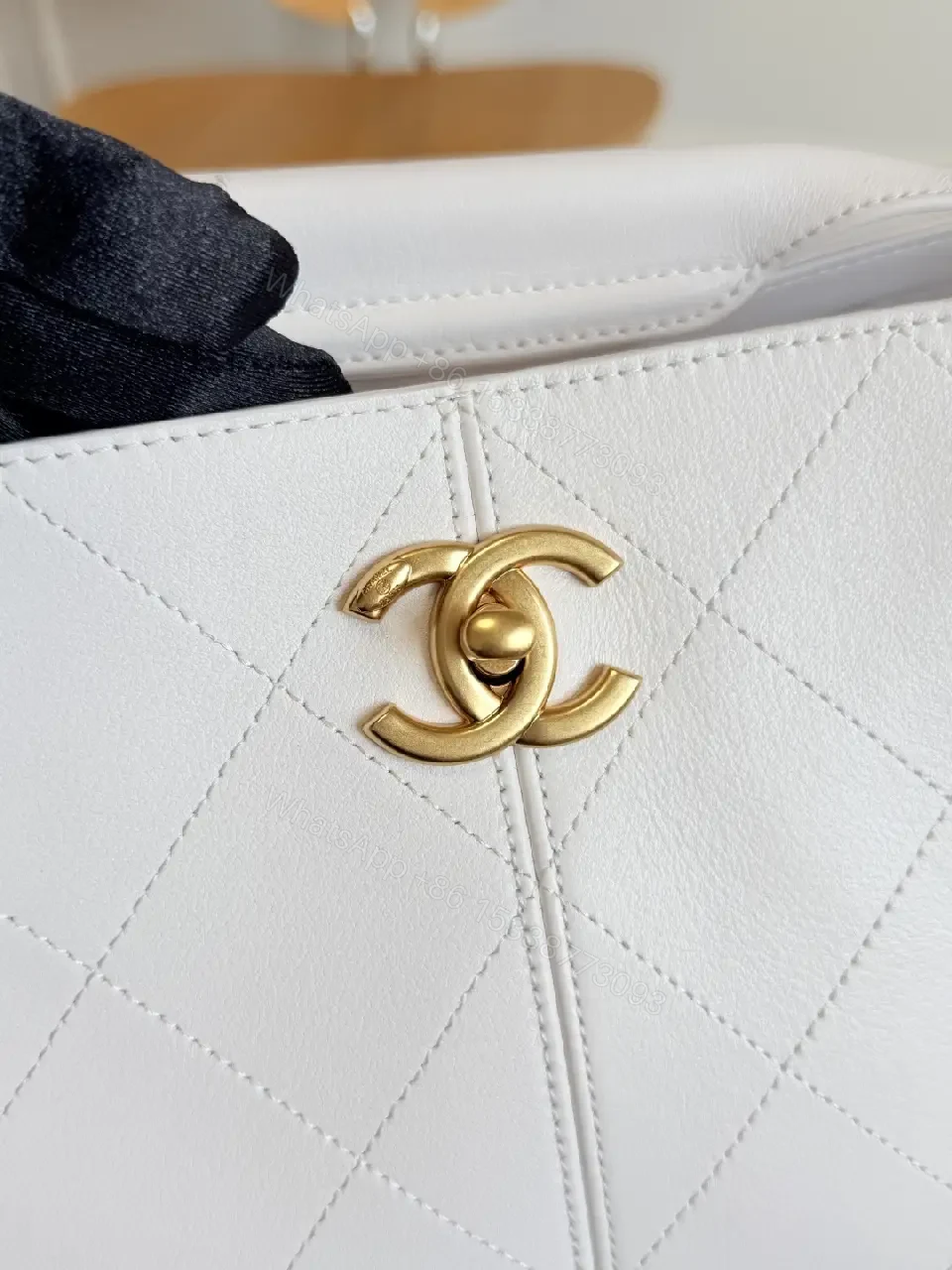 View 3 of White Quilted Tote, Gold Chain, Structured, Luxury Everyday Tote
