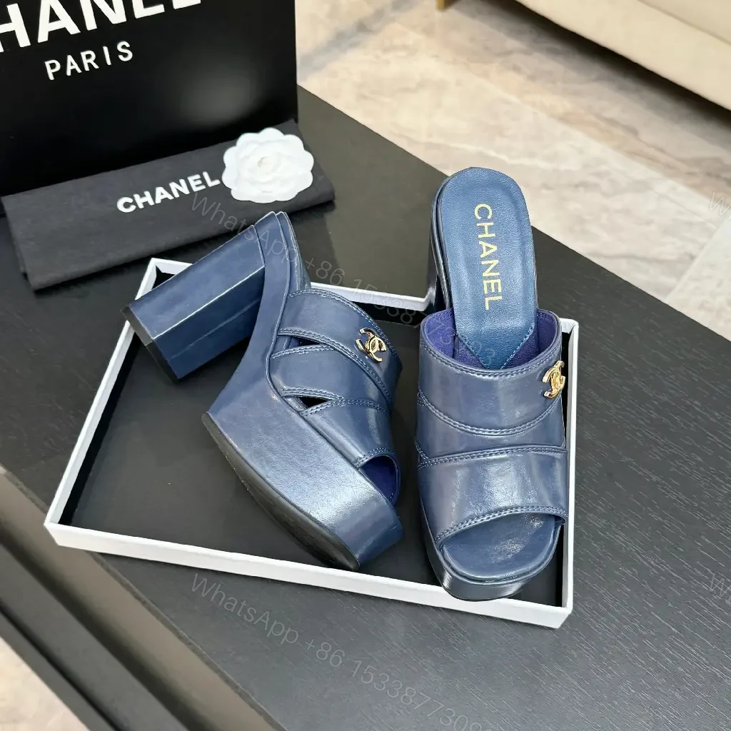 View 4 of Blue Leather Platform Mules with Logo Hardware, Sculpted Heel