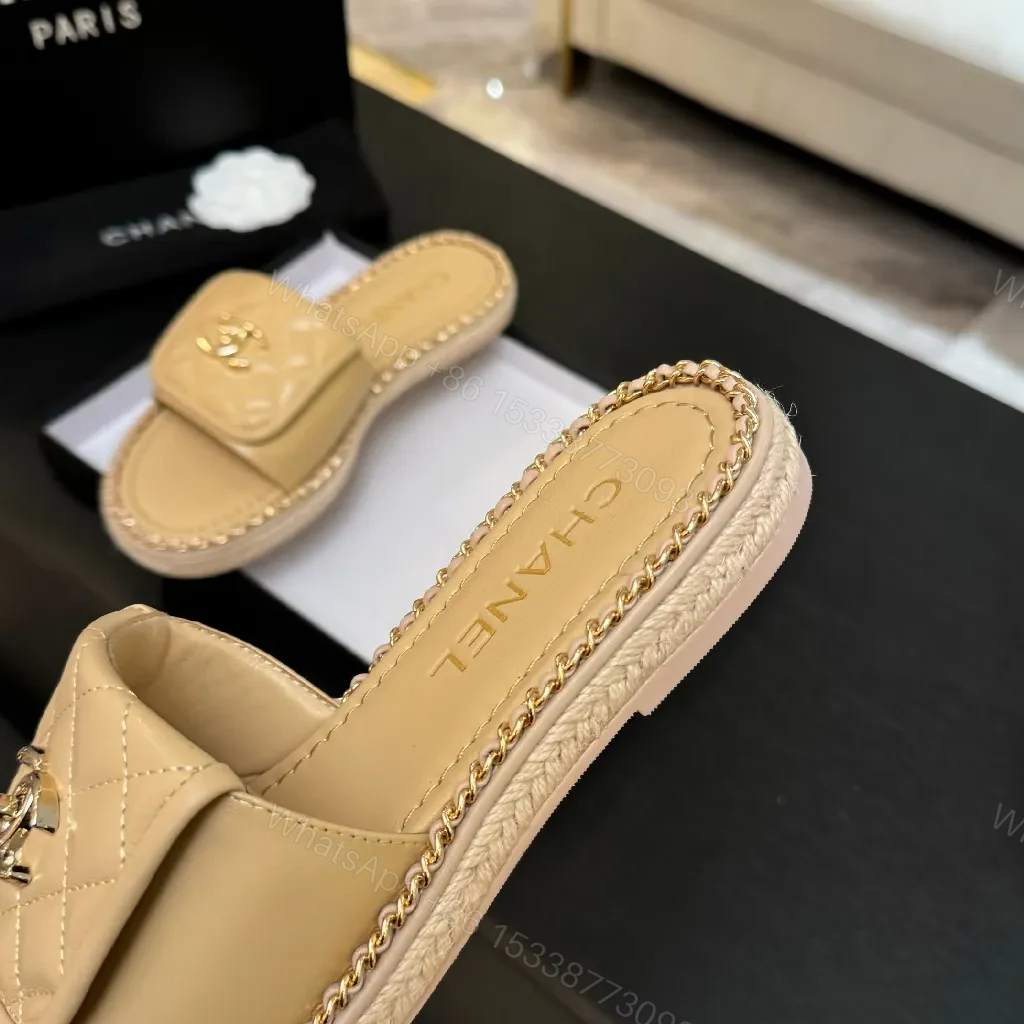 View 9 of Beige Quilted Slide, Gold Logo, Designer-Inspired Comfort