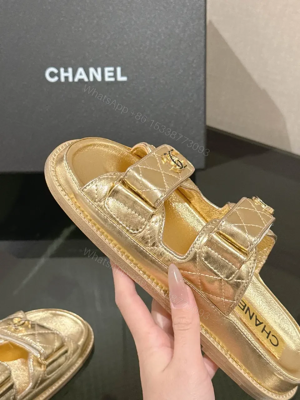 View 4 of Gold-Tone Leather Slides with Double Straps, Luxury Everyday Comfort