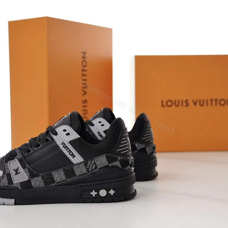 View 2 of Black/Gray Checkered Low-Top Sneakers, Luxury LV Style, Comfort-Driven