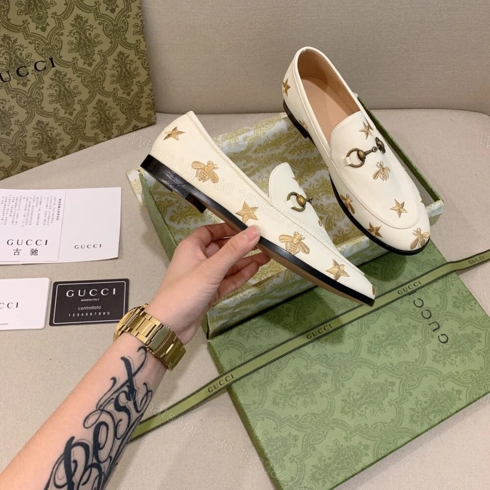 View 5 of Gucci Jordaan Embroidered Bee And Starleather Loafer White