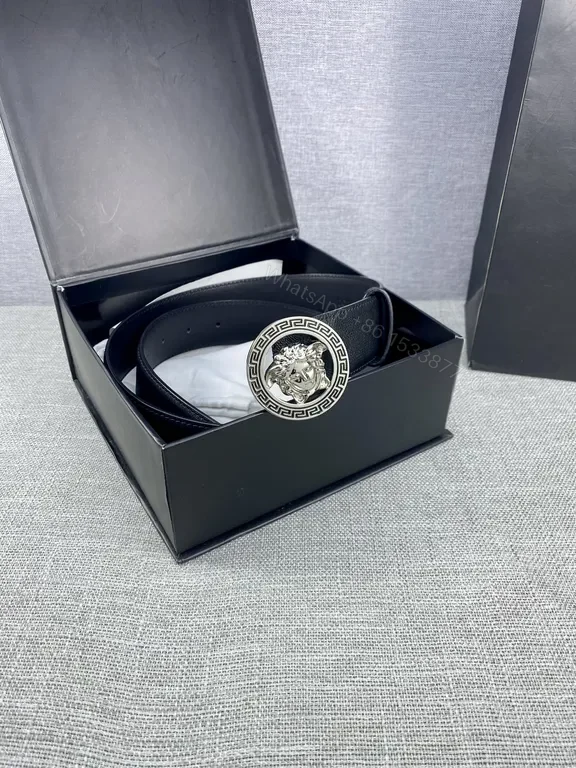View 2 of Slim Black Leather Belt with Gold Medusa Buckle - Versace Style Belt