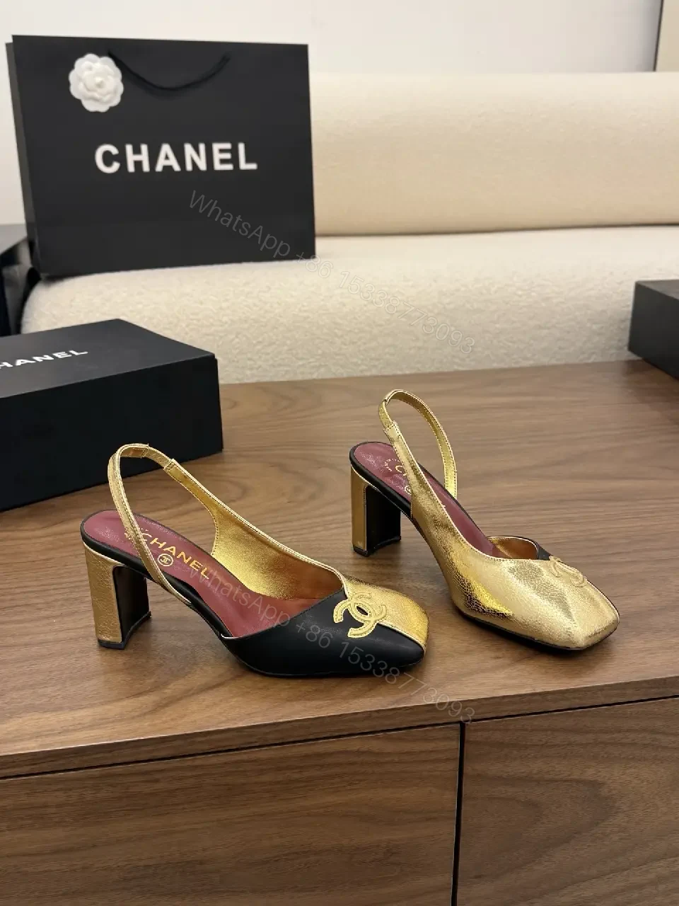 View 3 of Gold & Black Slingback Heels: Luxe Comfort, Medium Heel