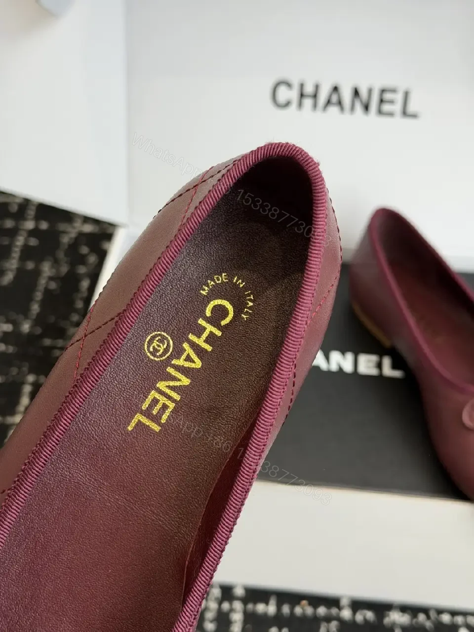 View 8 of Burgundy Leather Ballet Flats with Aqua Chanel Logo Details