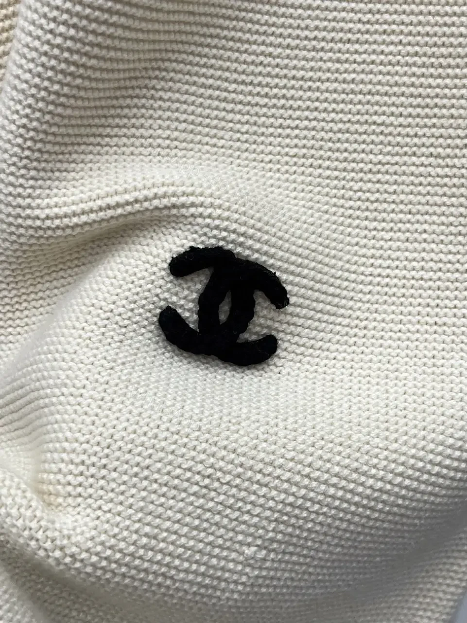 View 4 of Beige Knit Vest Black Trim V-Neck Chanel Logo Patch Tank Vest