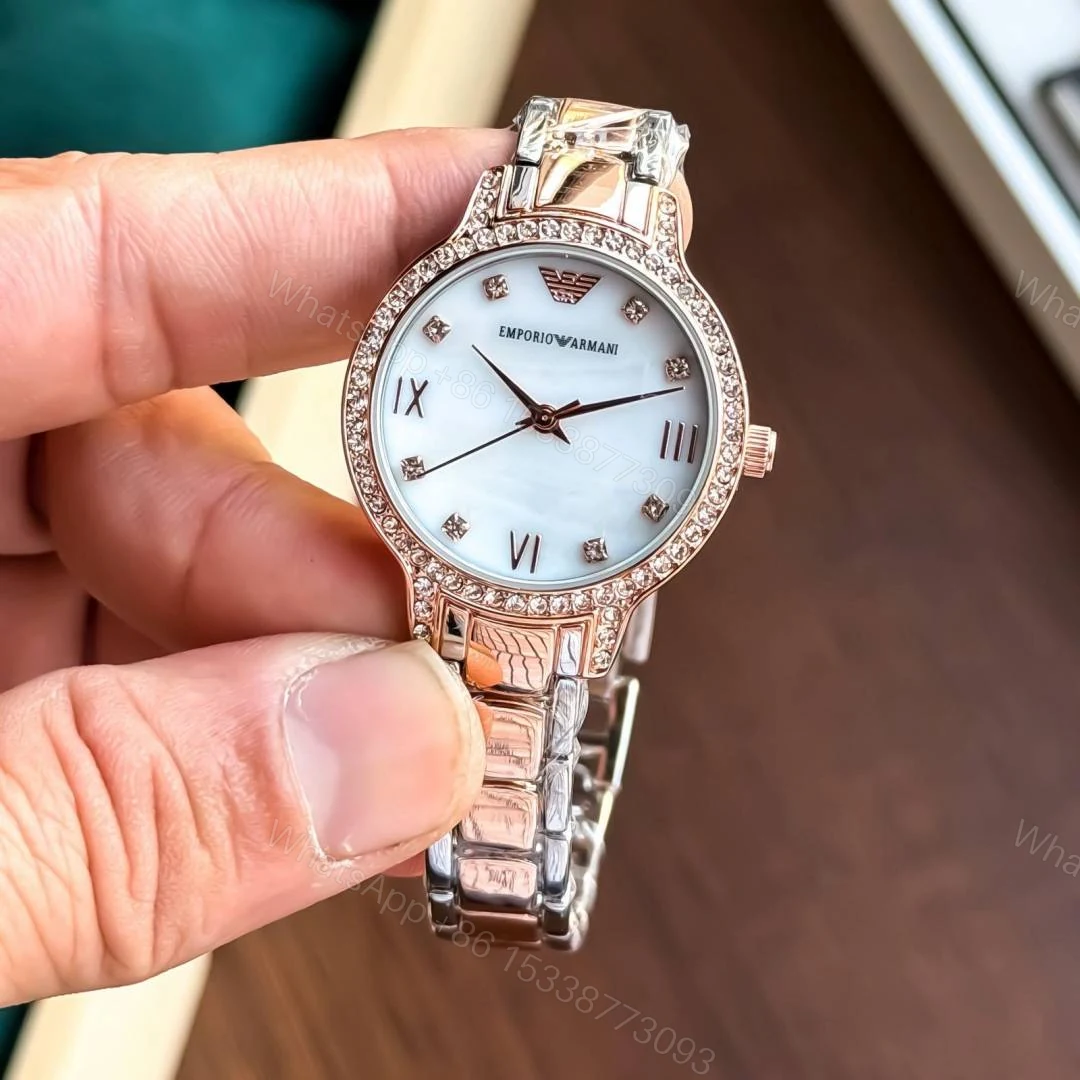 View 5 of First Copy Emporio Armani Silver Rose Gold White Dial Diamond Bezel Women’s Analog Watch