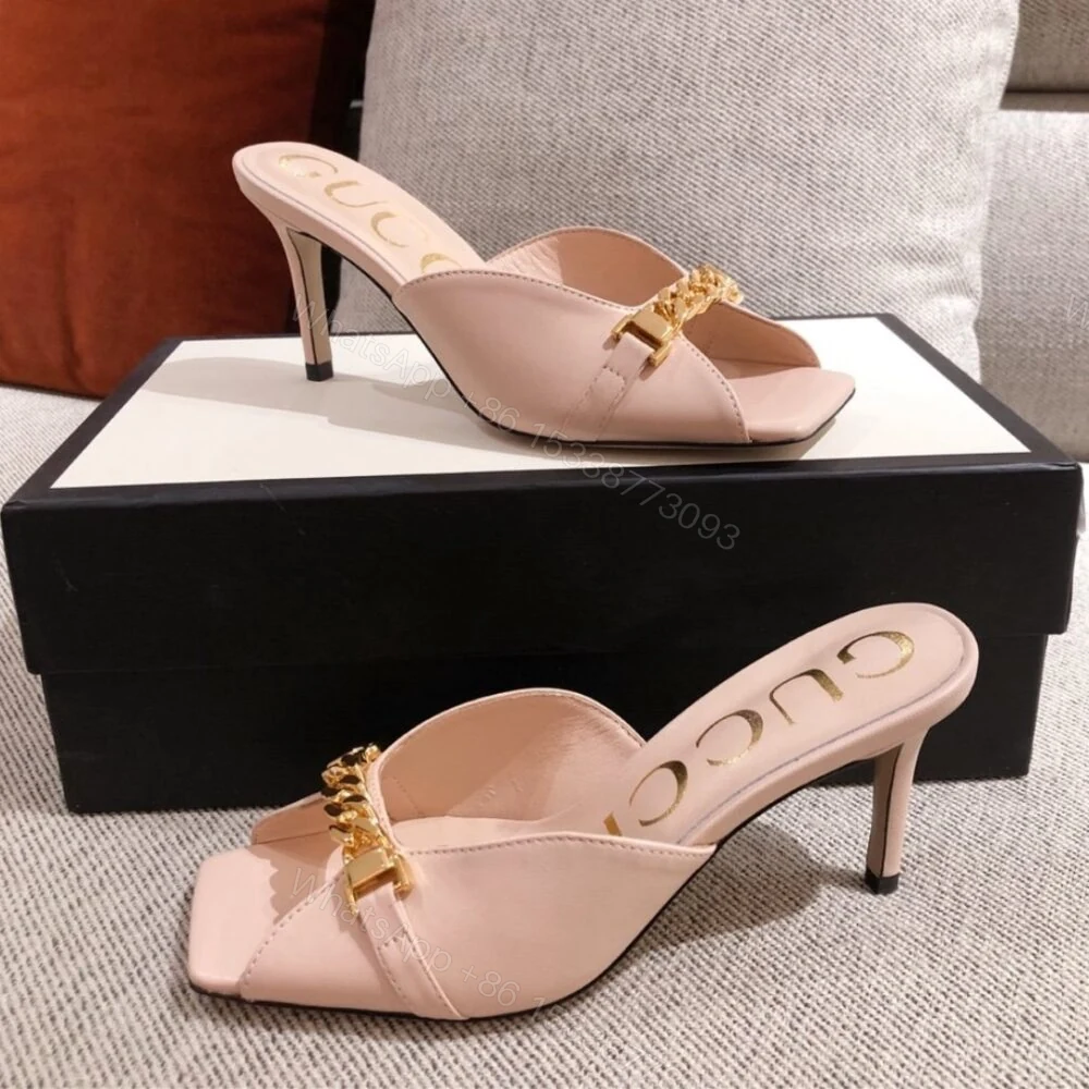 View 2 of Gucci Sylvie Chain Mule Sandals Pink