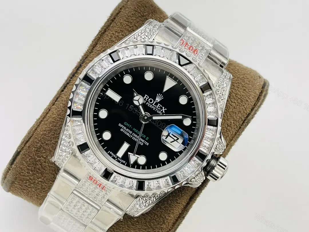 View 3 of Rolex GMT-Master II White Gold SANR Black Dial Paved Diamond Bezel Oyster Bracelet 40mm RLX-GMT-SANR-WG-BLK40-PAV