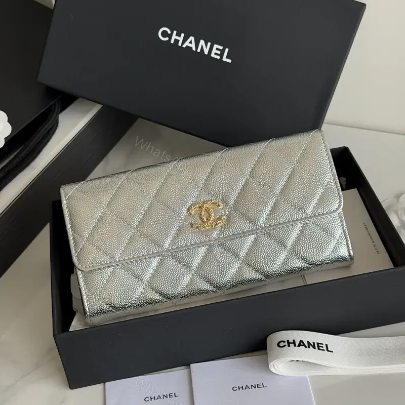 Silver Metal Leather Quilted Wallet with CC Flap Closure — view 1