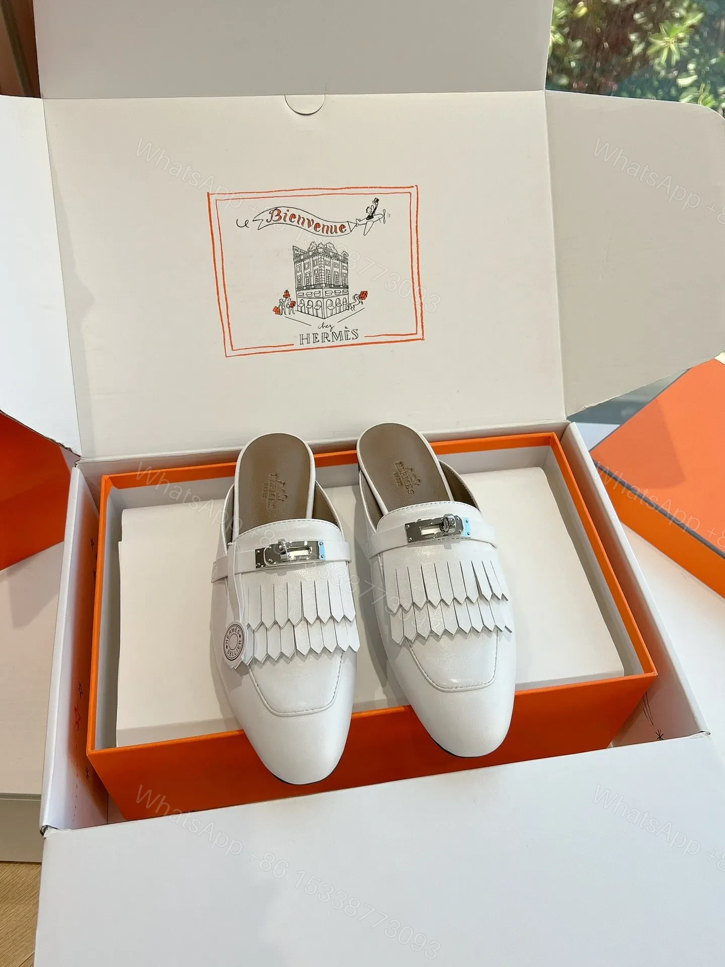 View 3 of Hermes Women White Leather Fringe Mules