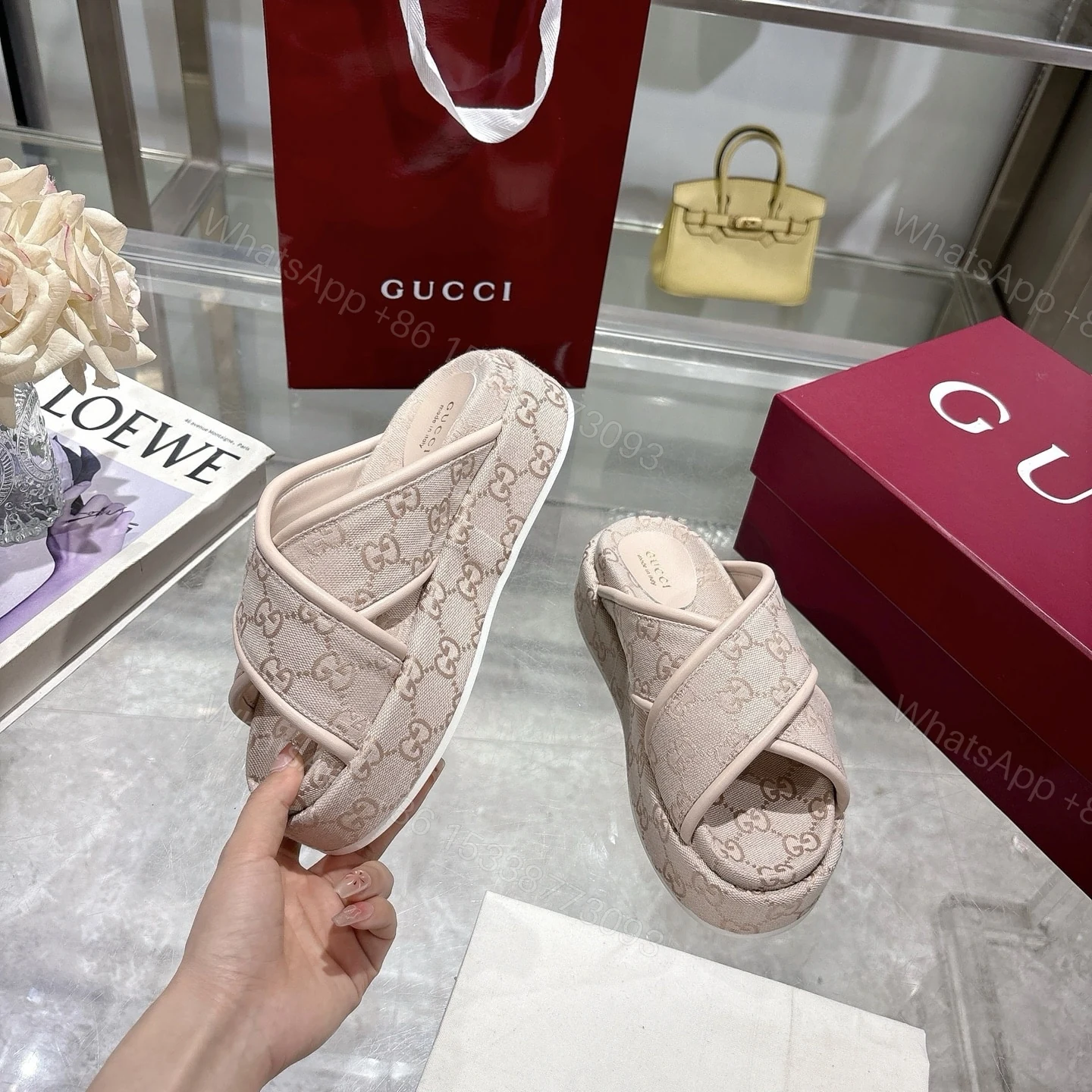 View 6 of GUCCI WOMEN’S GG PLATFORM SANDAL LIGHT PINK 816798 FAD9D 6845