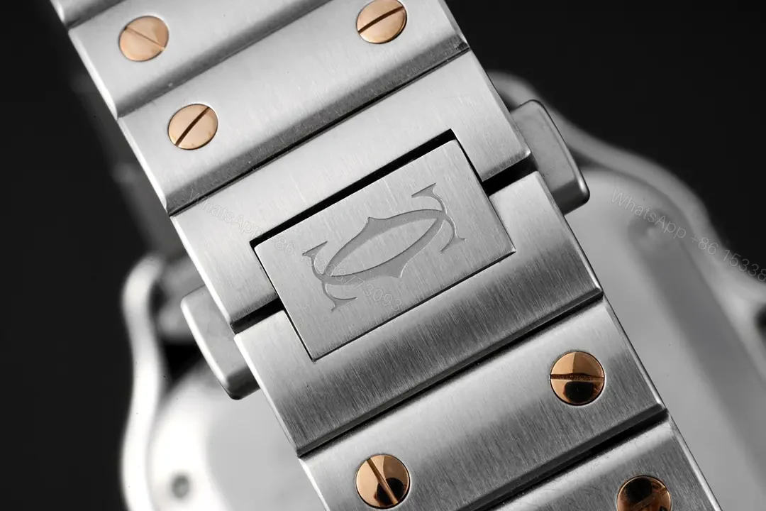 View 8 of JF Factory Santos de Cartier Women’s Watch – Stainless Steel and Rose Gold Case, White Roman Dial, Blue Steel Hands, Sapphire Crystal, Interchangeable Stainless Steel and Leather Straps, QuickSwitch System, 35.1mm, 100m Water Resistant