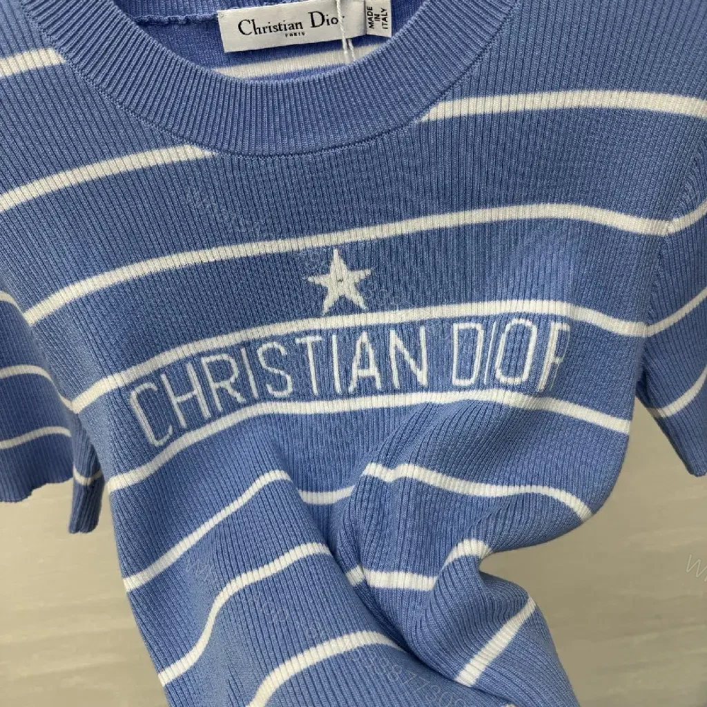 View 3 of Blue Stripes Knit Tee - Elevated Casual Luxury Knit Top