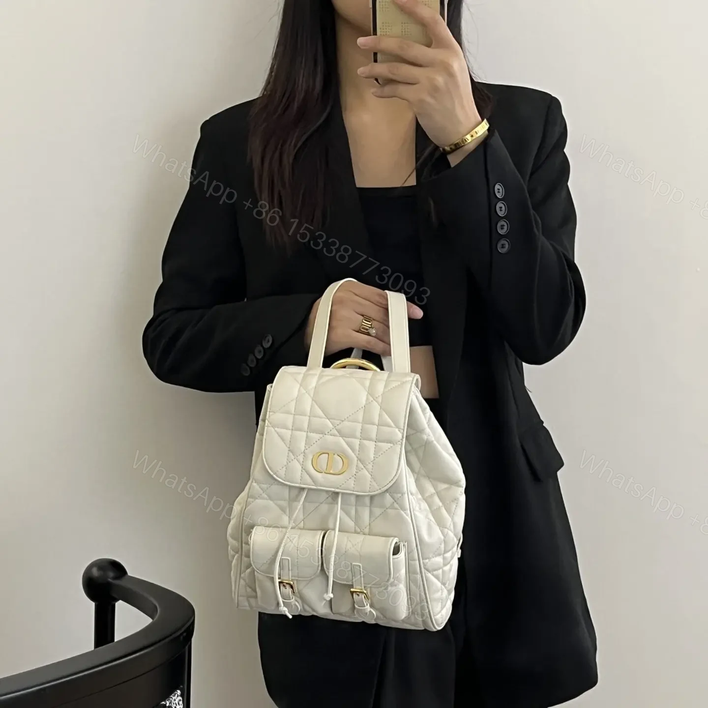 View 13 of 高仿Dior*Caro系列M6301M030小羊皮雙肩包白色中號免檢版