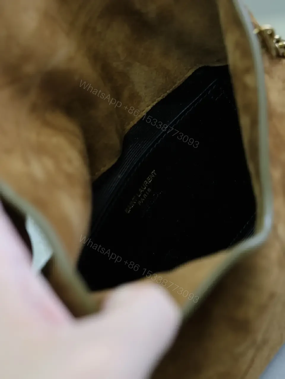 View 9 of Suede Cognac Envelope Bag with Gold Logo Clasp