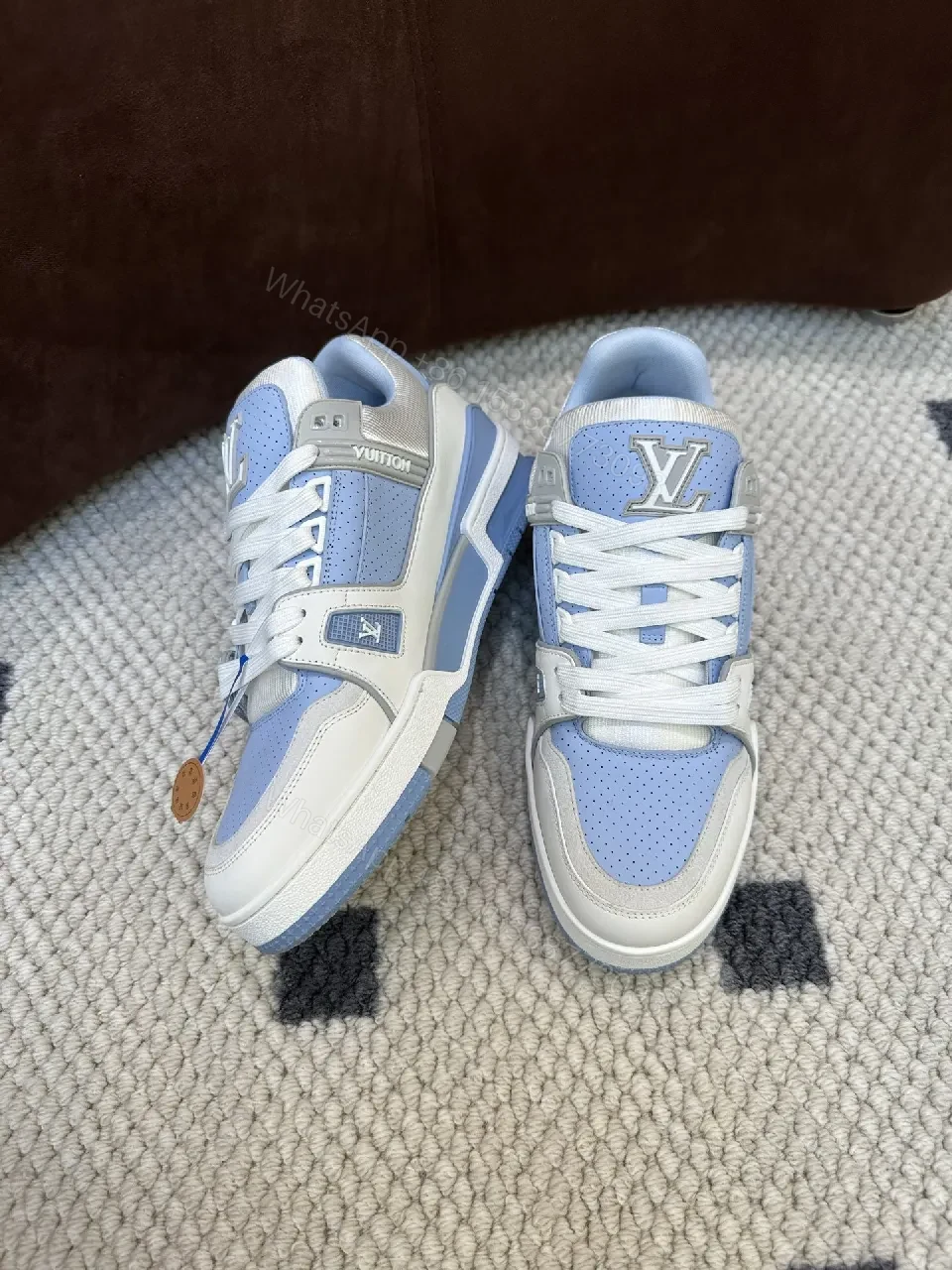 Light-Blue Perforated Panels Modern Low-Top Sneakers with LV-Inspired Accents — view 1