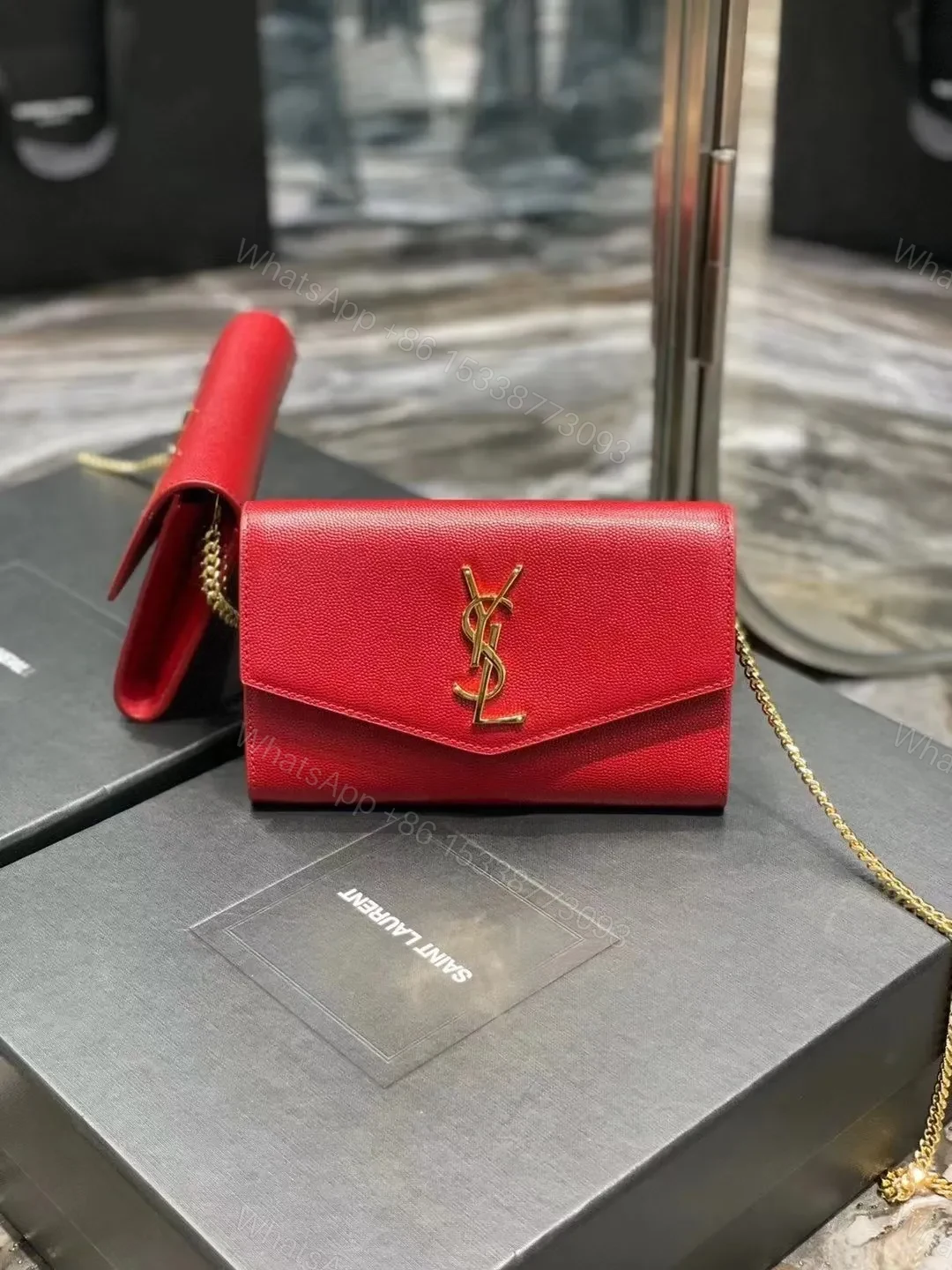 View 3 of Saint Laurent Grain De Poudre Uptown Chain Wallet White
