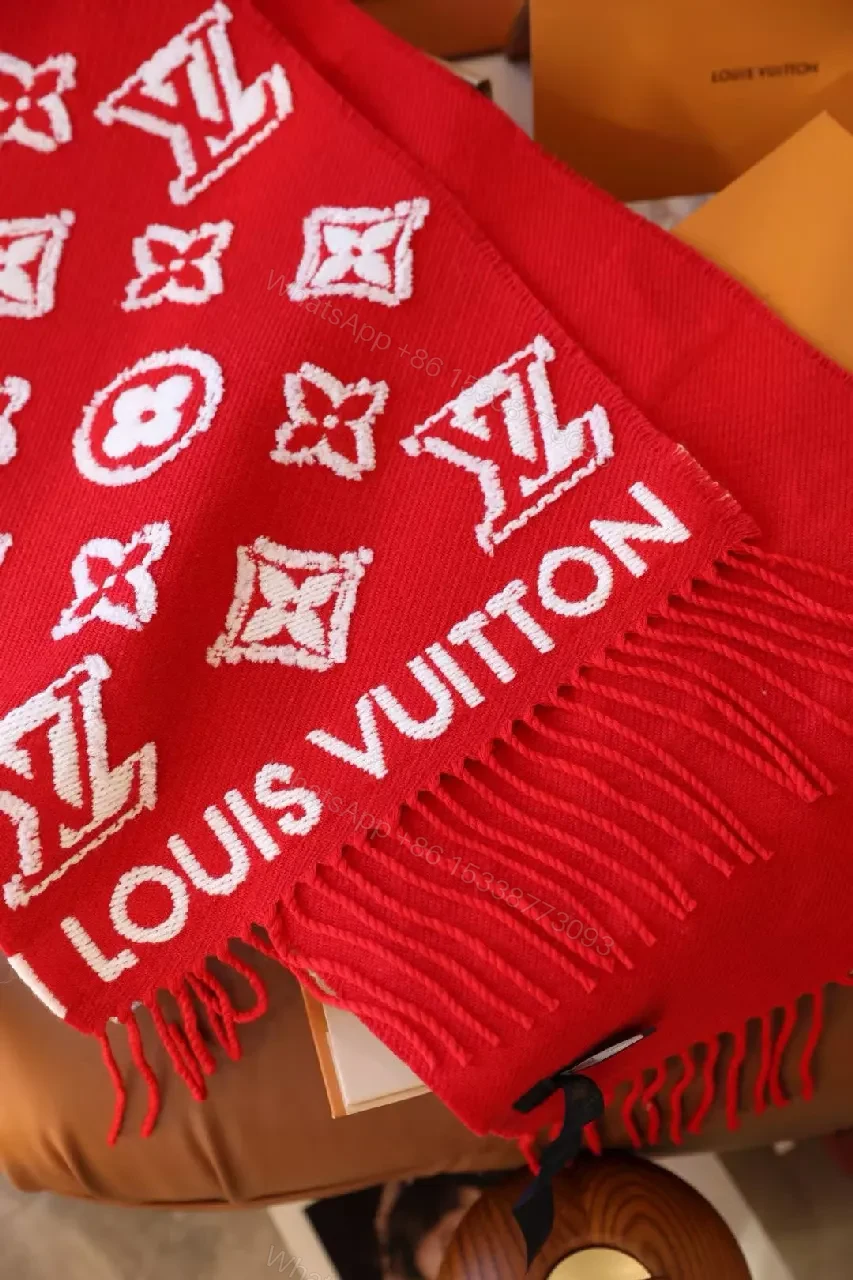 View 8 of Bold Red Monogram Silk-Blend Scarf with Luxe Fringe Accent