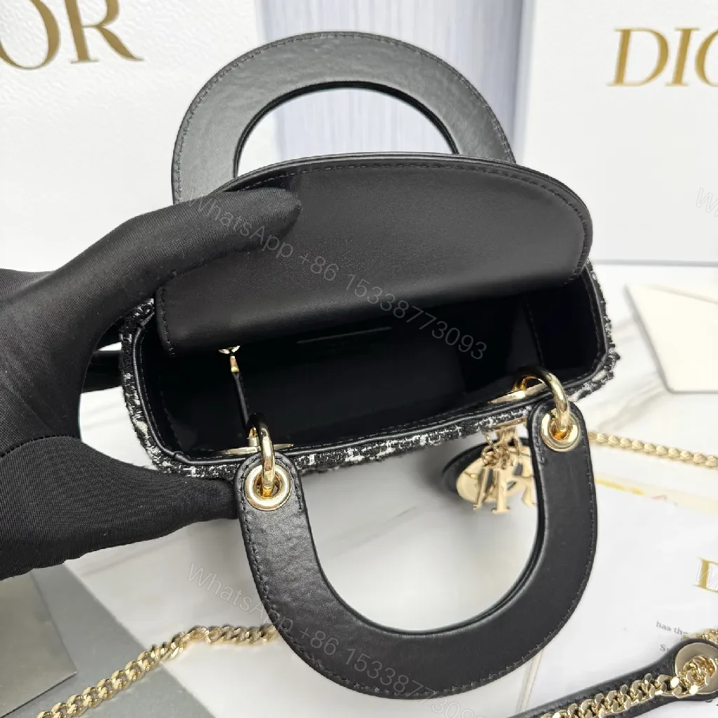 View 8 of Chic Tweed Mini Bag with Gold Charms - Black / White