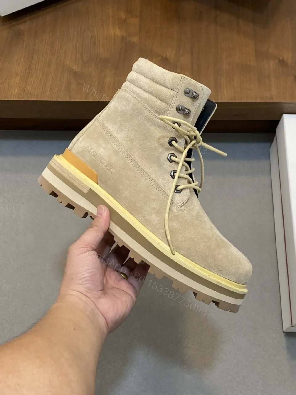View 8 of Beige Suede High-Top Boots with Rugged Sole - Modern Comfort