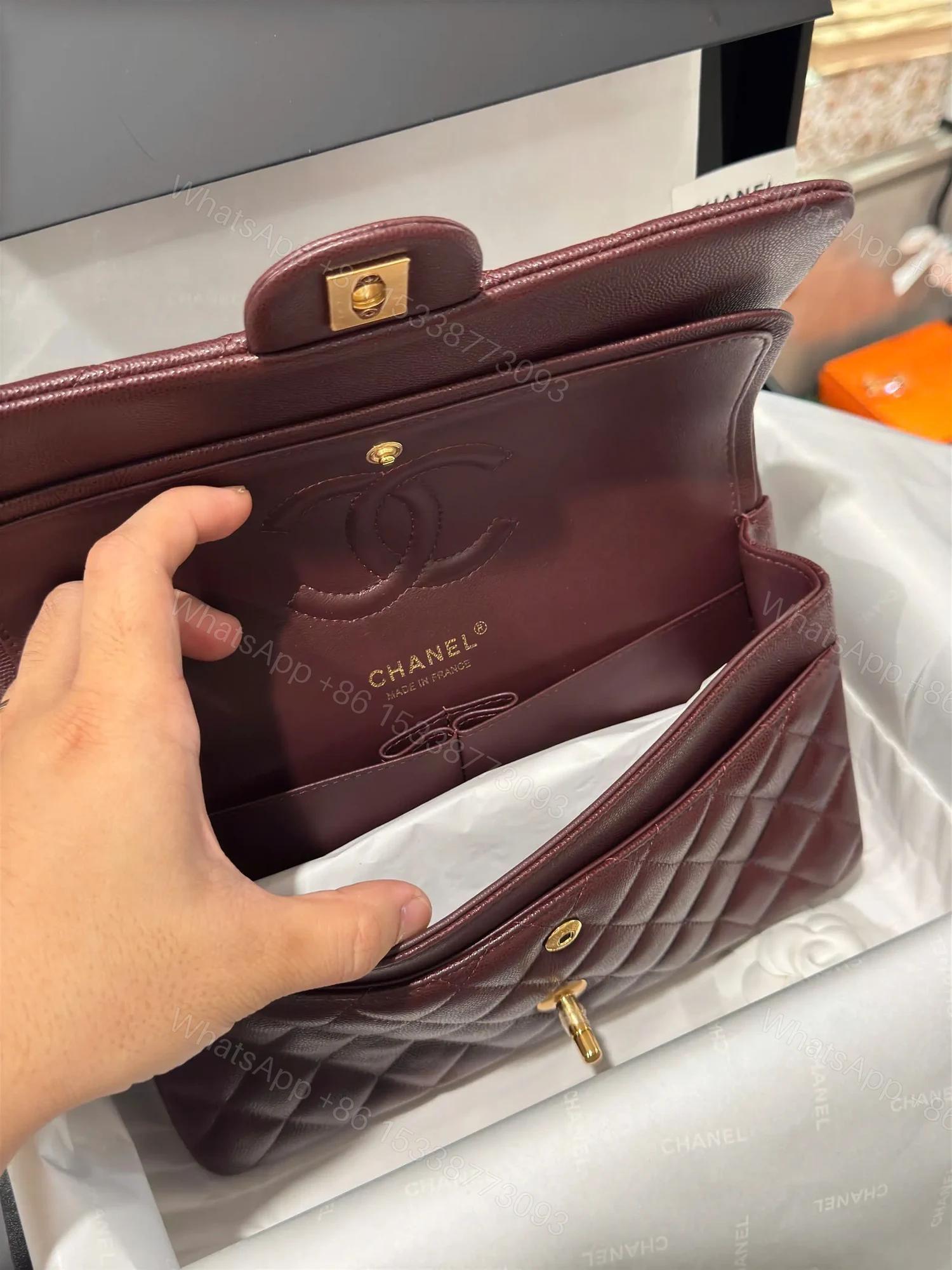 View 3 of Chanel Classic Plum Red Color Like Auth Handbags With Lock Gold 25cm
