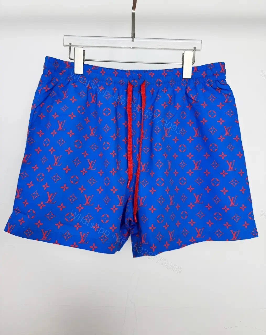 View 8 of Blue Louis Vuitton Monogram Swim Shorts with Red Drawstring