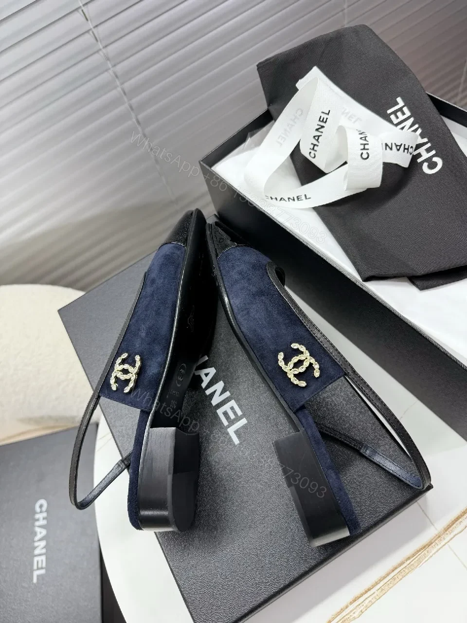View 8 of Navy Knit Slingback Mules with Patent Toe