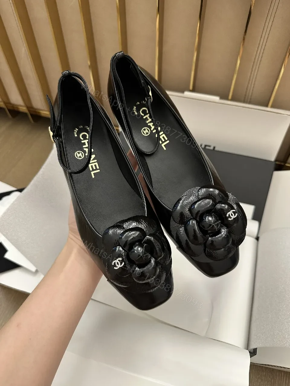 View 5 of Glam Black Patent Flats with Floral Overlay, Slip-On Shoes