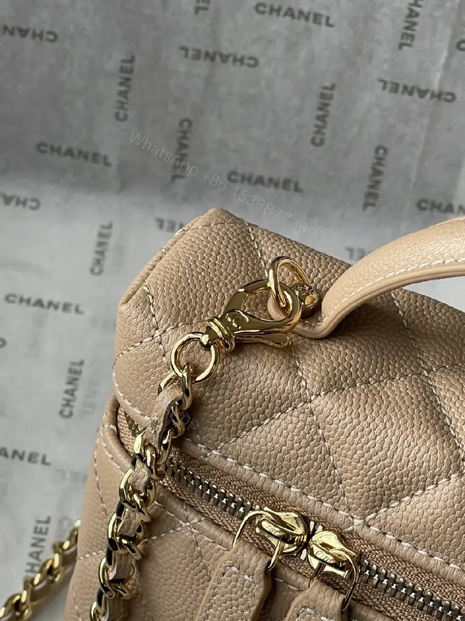 View 11 of Taupe Quilted Crossbody: Lambskin, Gold Chain, Classic Glamour