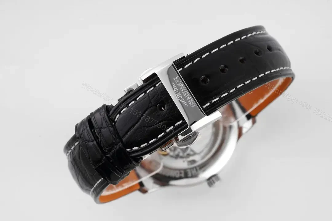 View 9 of Longines Silver Dial Blue Hands Automatic Watch with Black Leather Strap