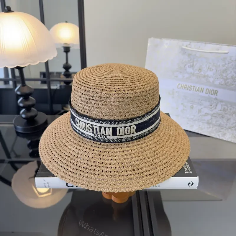 Natural Straw Boater Hat with Ribbon Brand Stripe - Dior Inspired — view 1