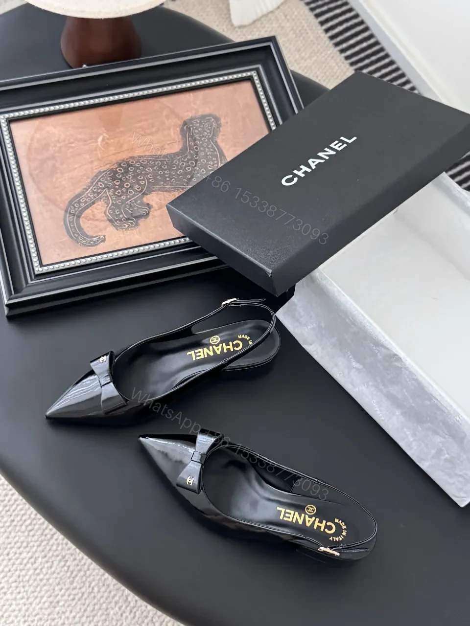 View 7 of Black Patent Slingbacks with Bow Detail - Low Block Heel, Pointed Toe, Slingback Strap