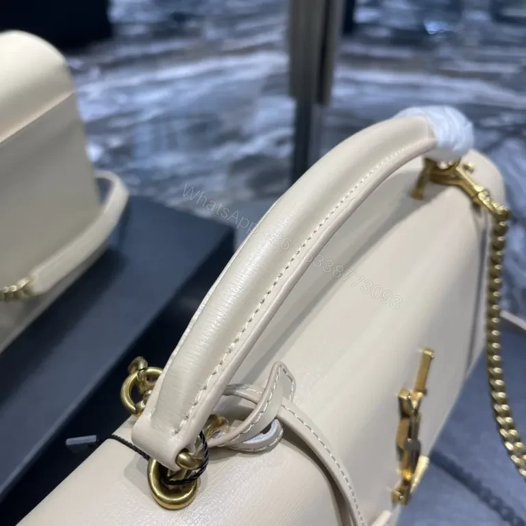 View 2 of Beige Leather Handbag â€“ Structured YSL Monogram, Top-Handle