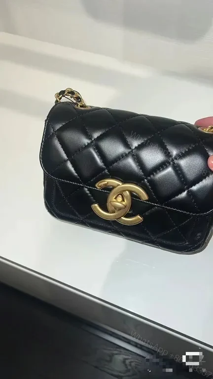 View 6 of Quilted Black Leather Flap Bag with Gold Logo Charm