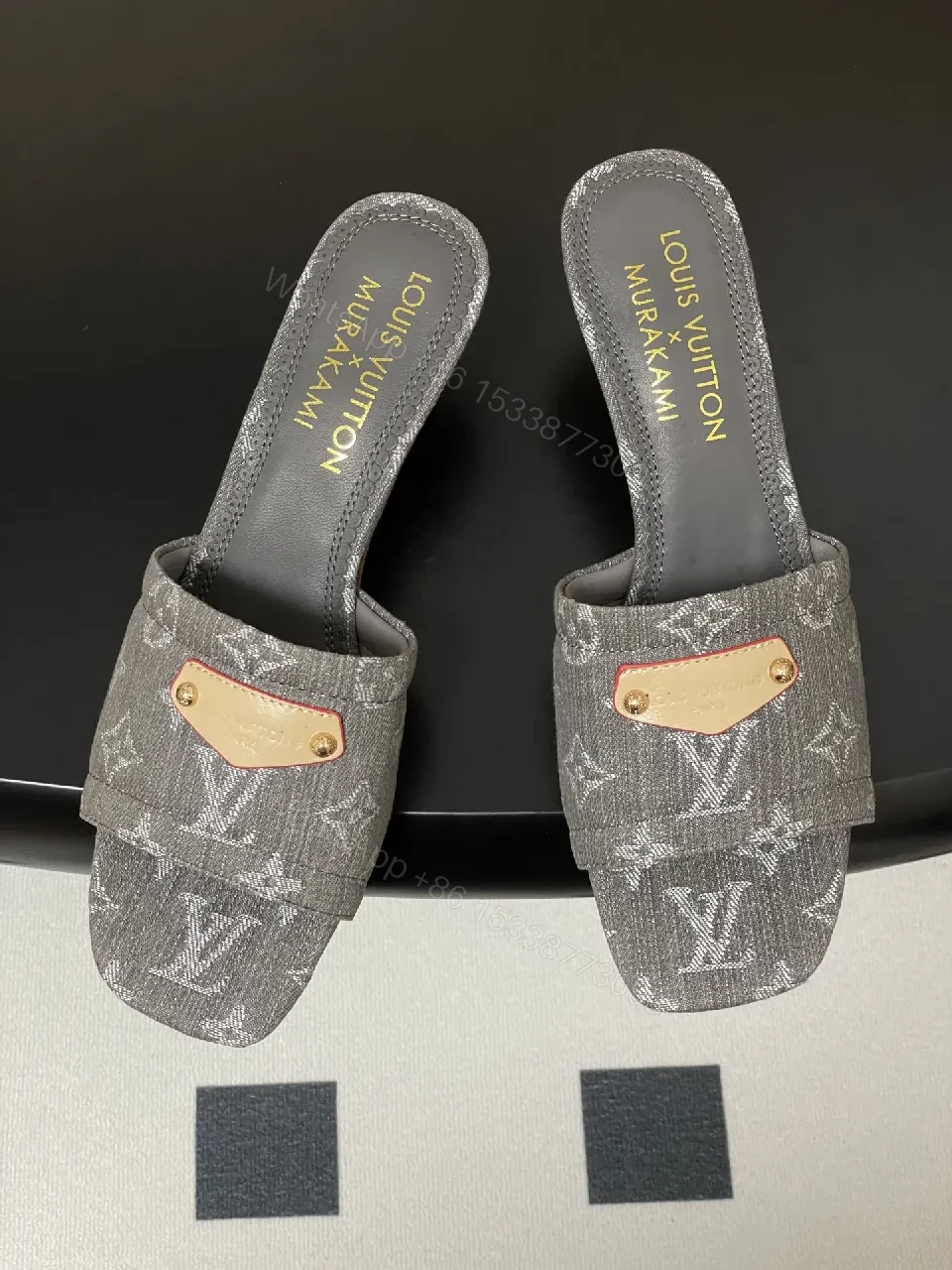 View 4 of Grey Velvet Monogram Mules with Leather Accents: Elevated Comfort