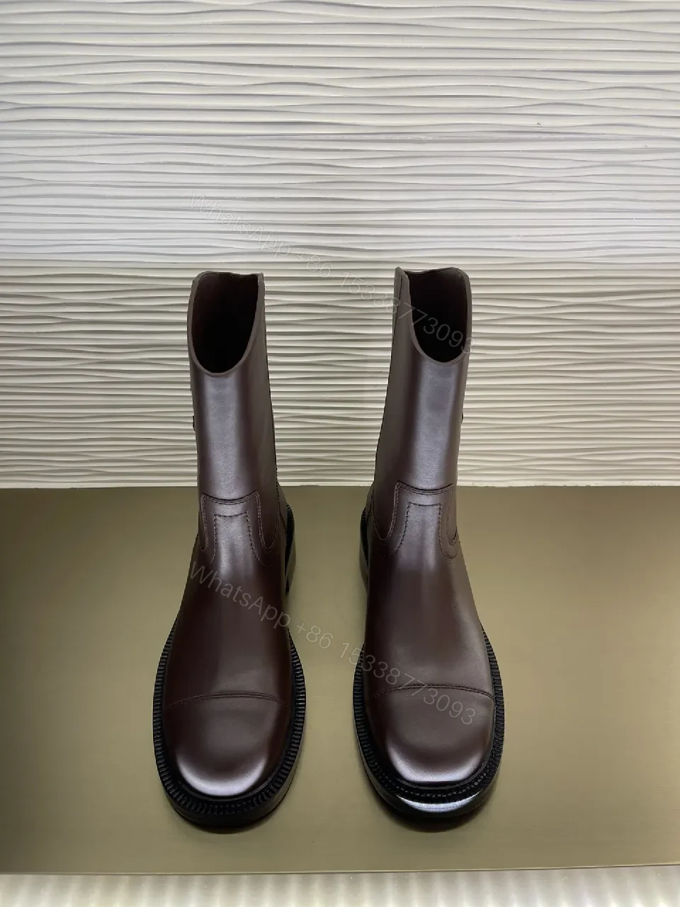 View 4 of Brown Leather Knee-High Boots with Subtle Couture Embellishment