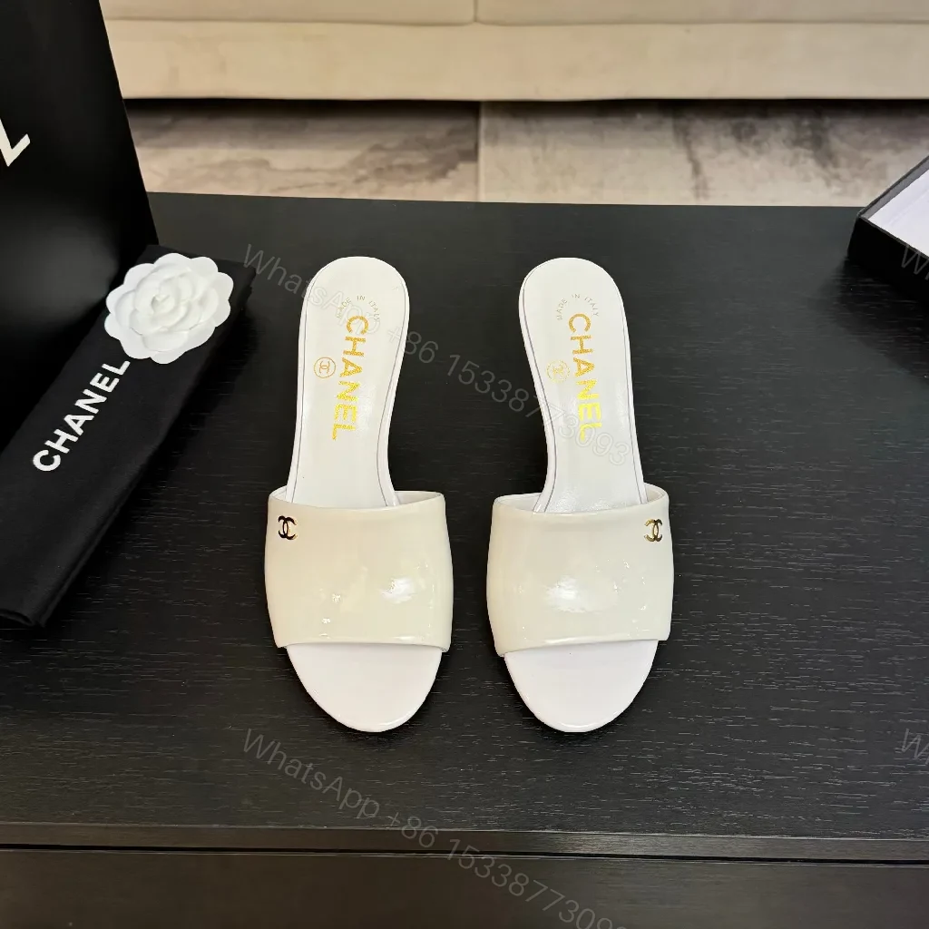 View 9 of White Patent Mules with Gold Logo – Elevating Everyday Glam