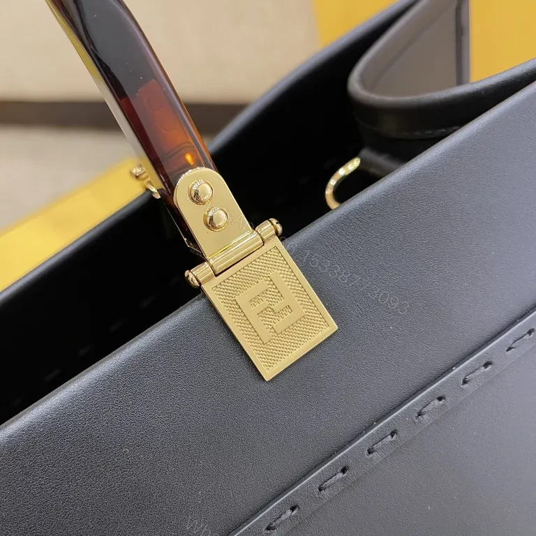 View 9 of Fendi Roma Tote: Structured Black Leather, Gold Hardware, Embossed Logo