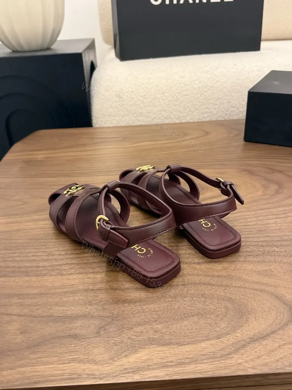 View 6 of Burgundy Leather Gladiator Sandals Gold Logo Chanel Style Sandals