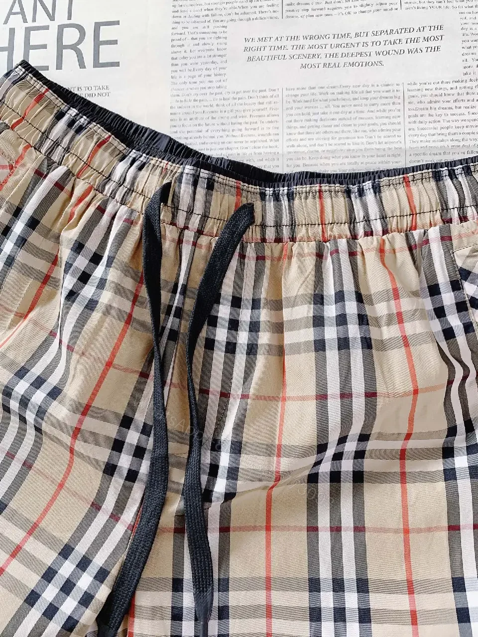 View 3 of Beige Plaid Cotton Sport Shorts with Pockets