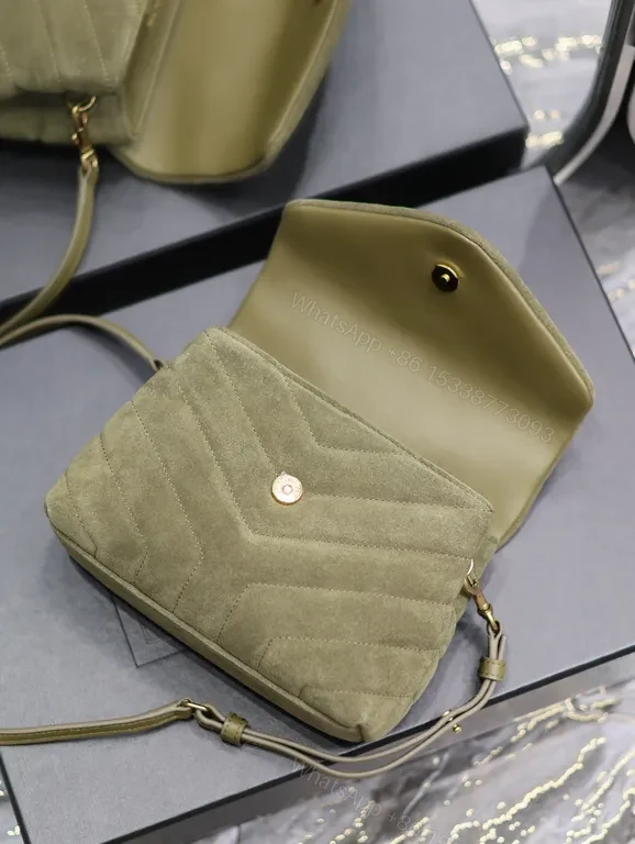 View 3 of Olive Suede Quilted Crossbody with Gold YSL Logo